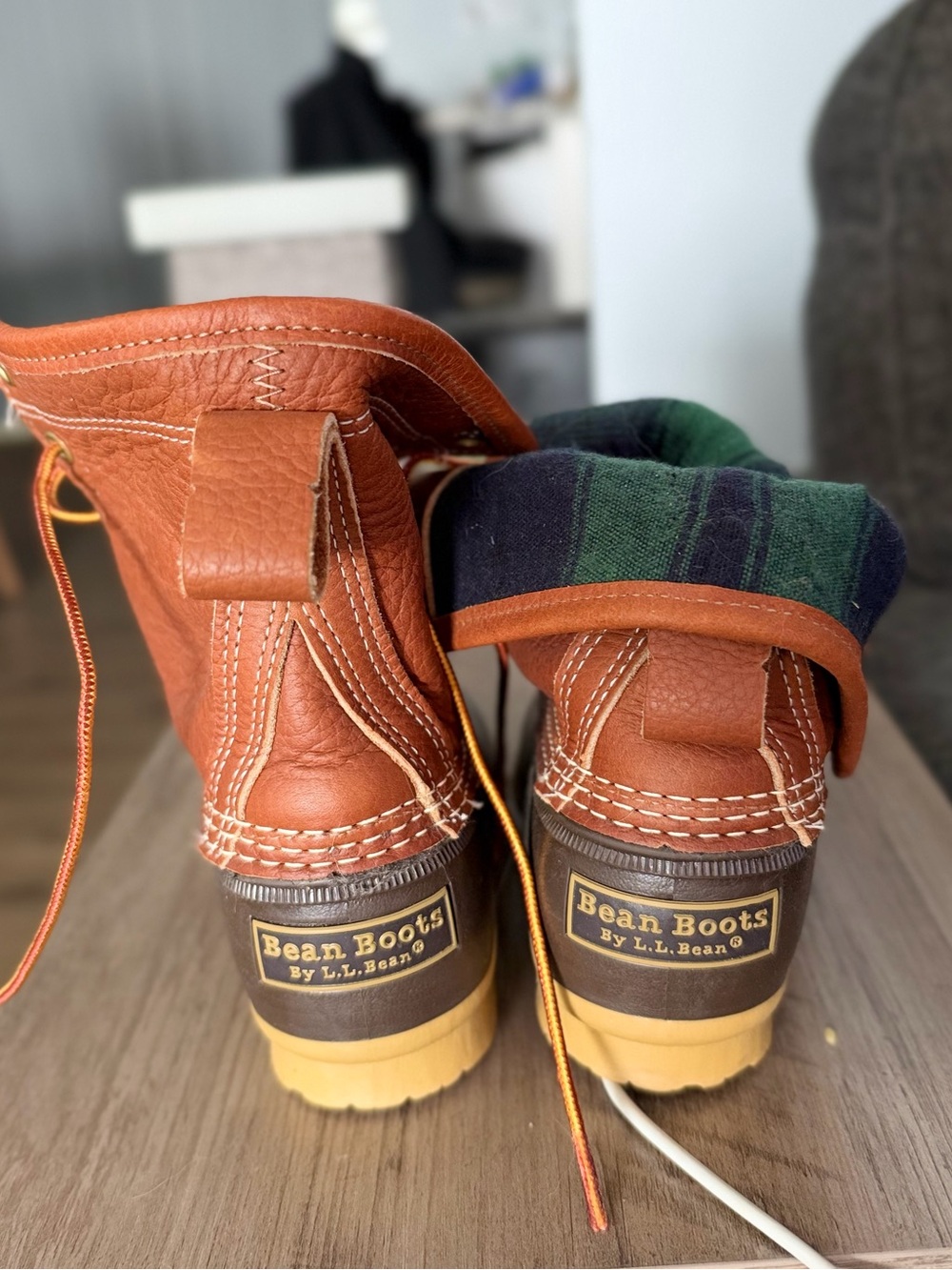 L.L. Bean Brown Leather Bean Boots with Green Plaid Cuff